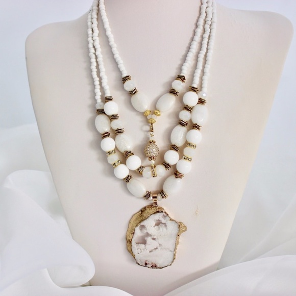 White Gold Bronze Druzy Pendant Necklace, Multi Layers White Stone Crystals Neck - Picture 5 of 10
